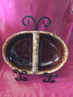 VTG Kathy Kale Pottery Brown Drip Glaze 11 Divided Vegetable Serving Dish USA
